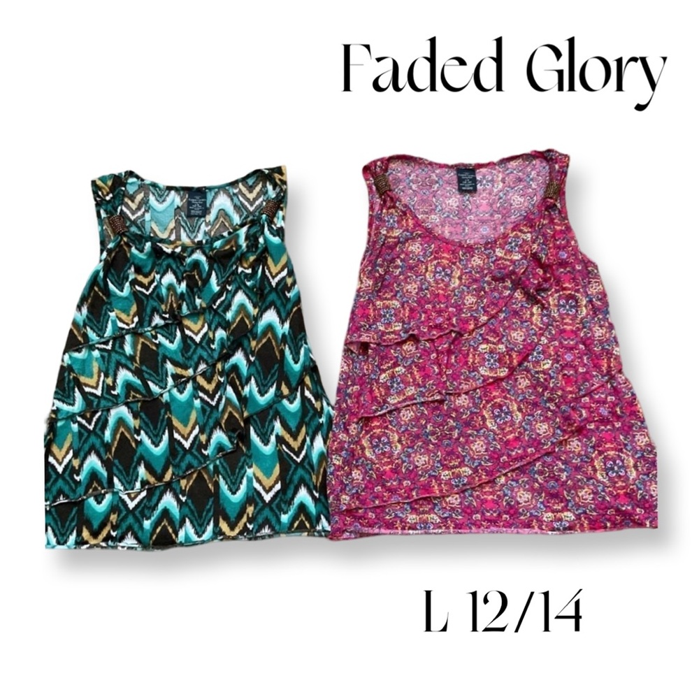 2- Tanks ruffled layered sleeveless top beads Large 12/14 in good condition!